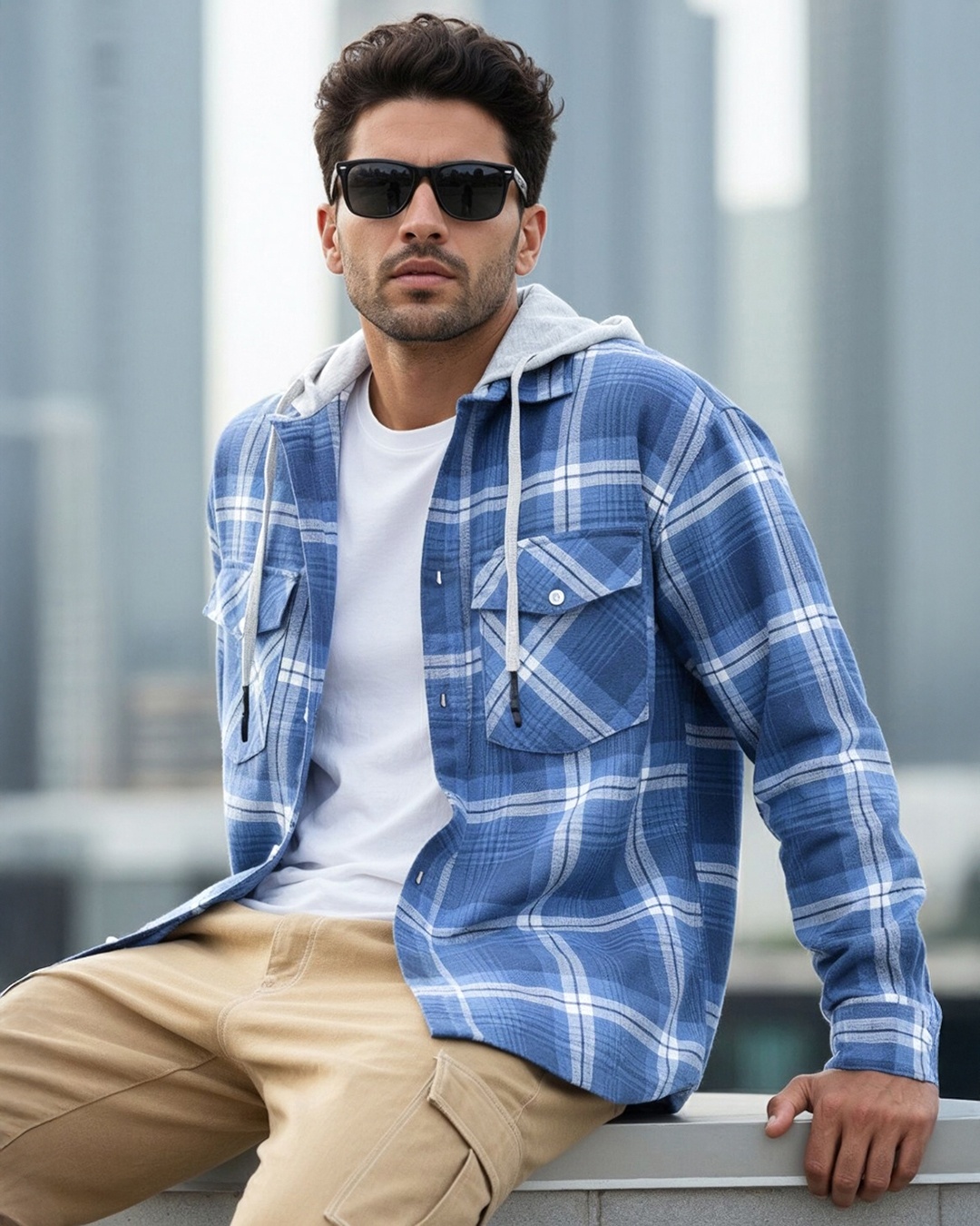 Men's Blue & White Checked Oversized Hooded Shirt