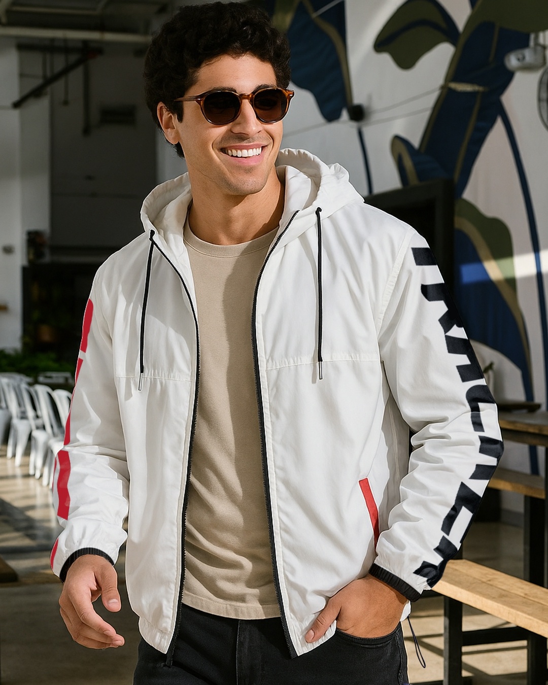 Men's White Typography Oversized Windcheater Jacket